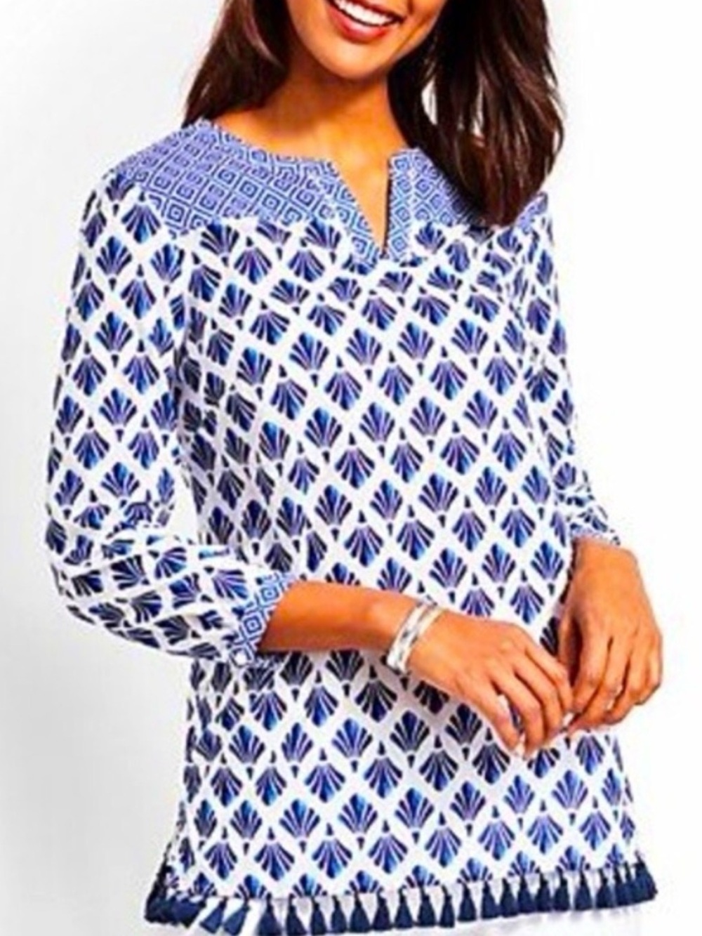 TALBOTS shirt 2XP Blouse tassel Trim Blue White